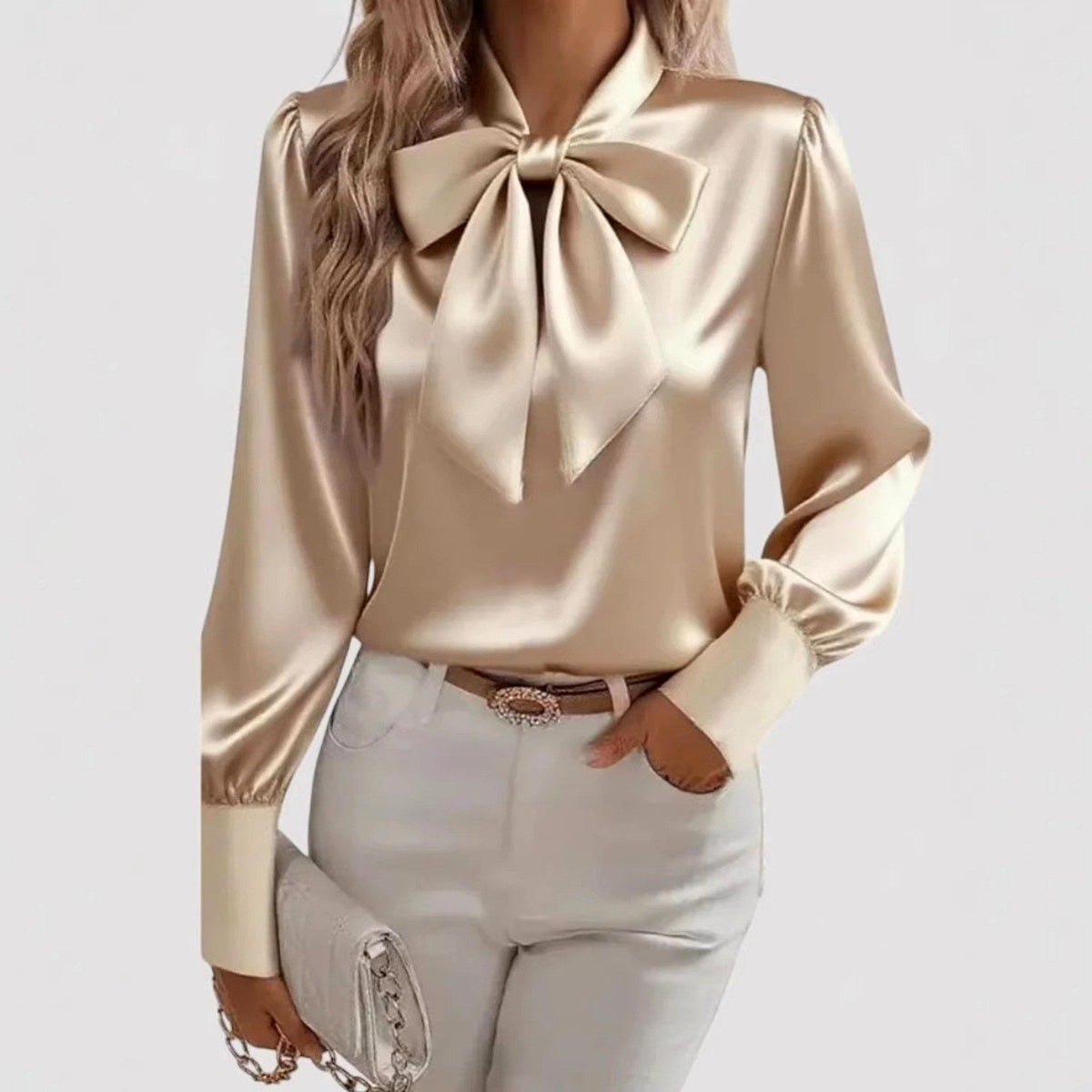 Selena - Women's Long Sleeve Satin Blouse with Tie Neck Detail