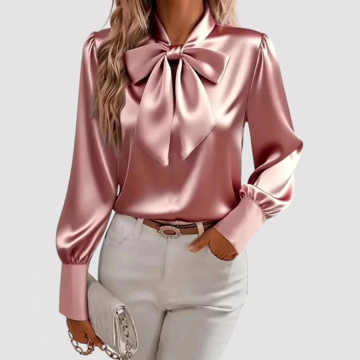 Selena - Women's Long Sleeve Satin Blouse with Tie Neck Detail