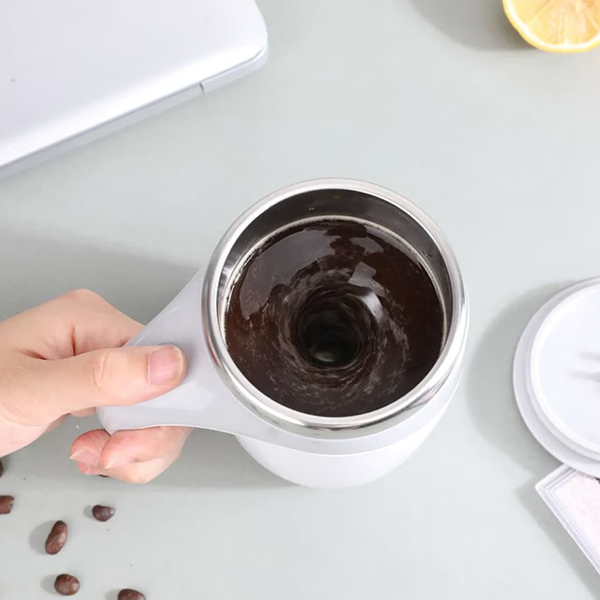 Self Stirring Coffee Mug with Stainless Steel Interior Rechargeable Automatic Cup and Lid