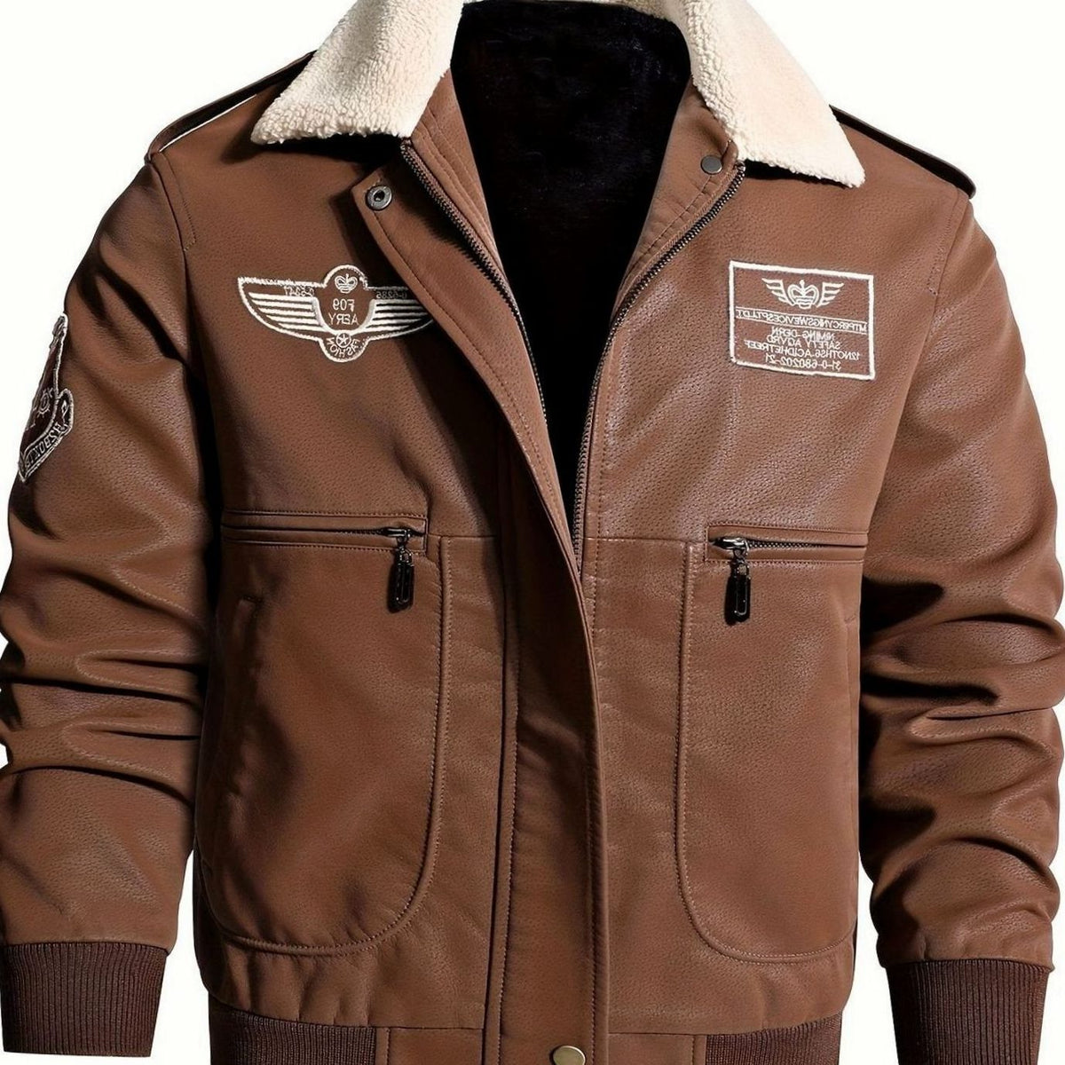 Faux Leather Bomber Jacket with Sherpa Collar for Men