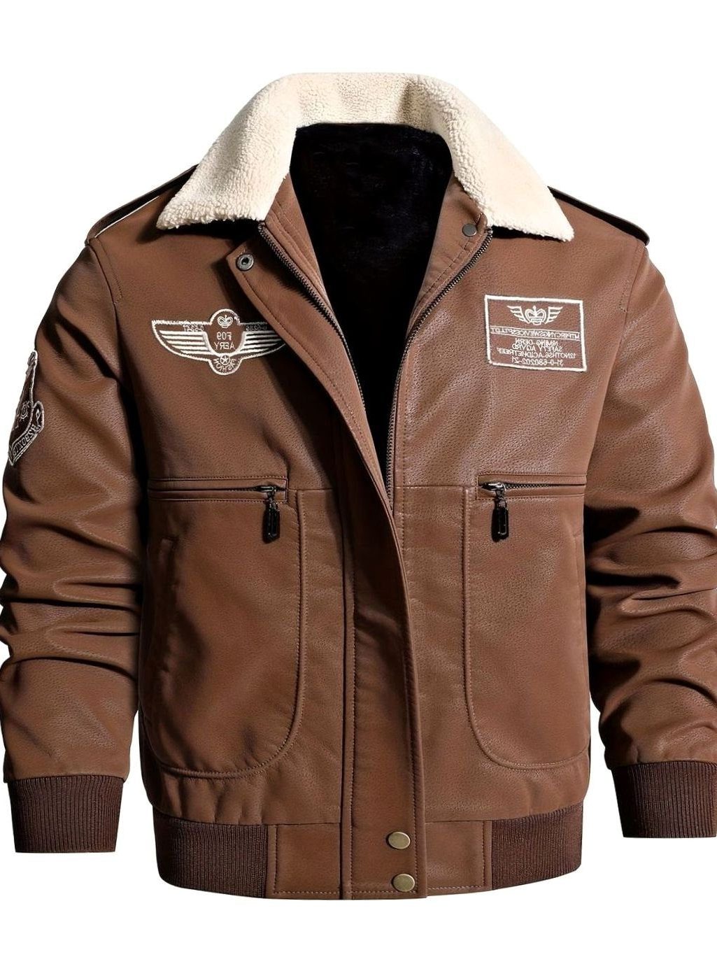Faux Leather Bomber Jacket with Sherpa Collar for Men