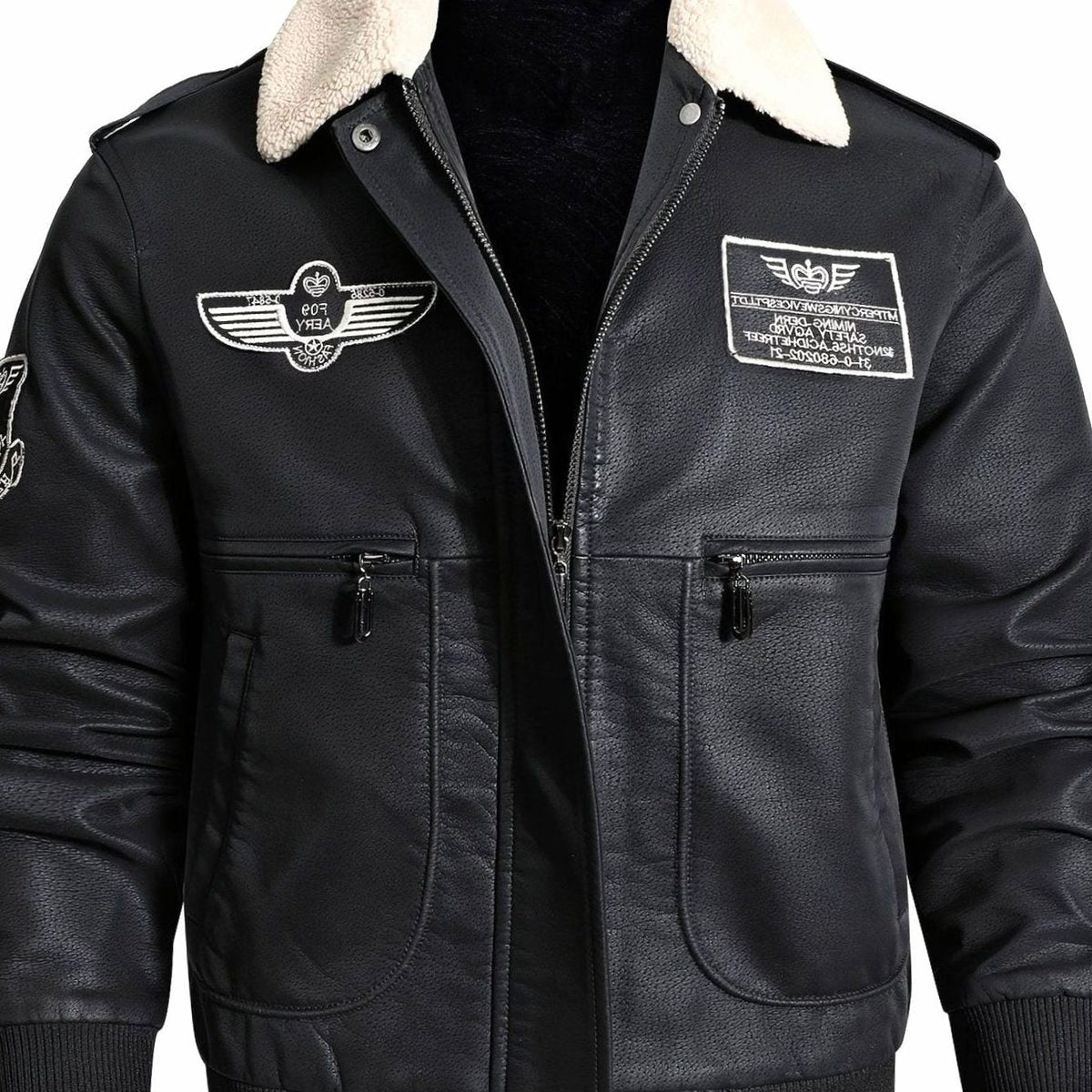 Faux Leather Bomber Jacket with Sherpa Collar for Men