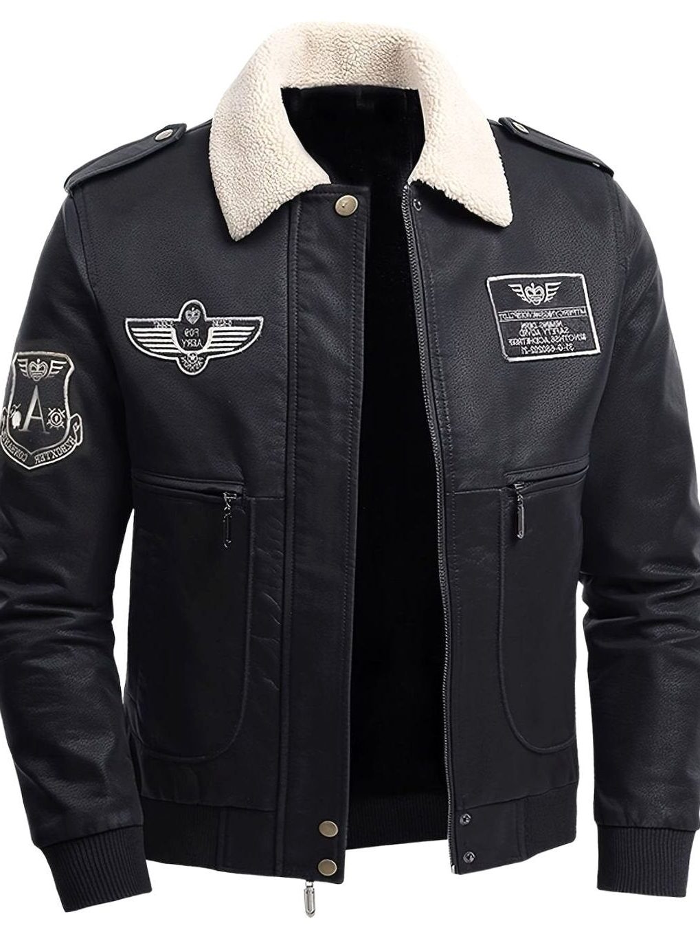 Faux Leather Bomber Jacket with Sherpa Collar for Men