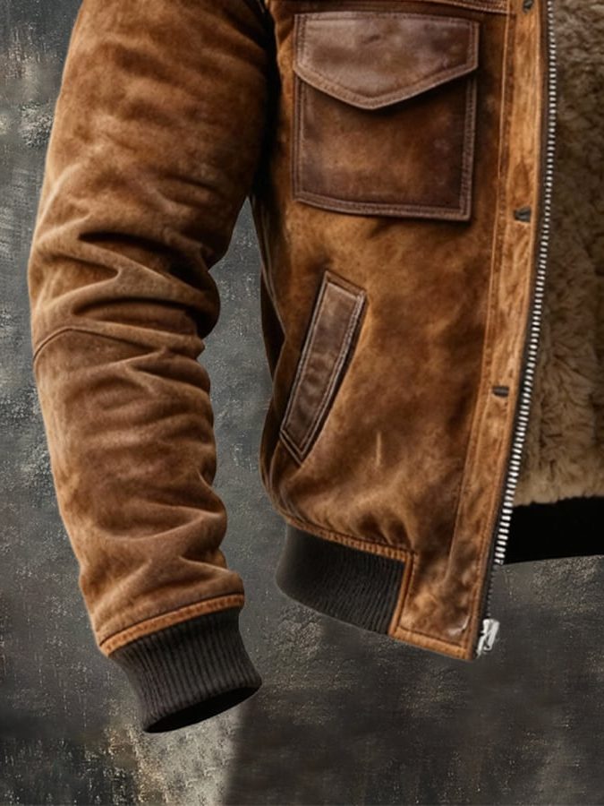 Sherpa-Lined Faux Suede Bomber Jacket for Men