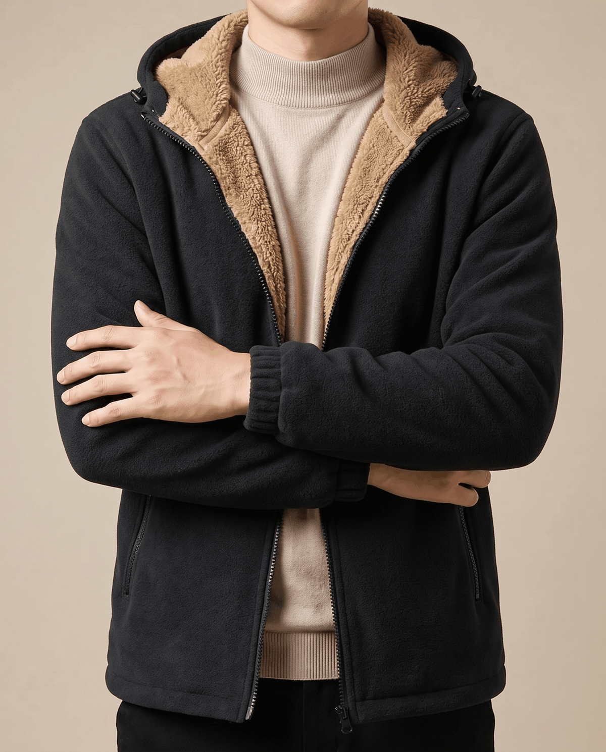 Sherpa-Lined Fleece Zip-Up Hoodie – Slash Pockets, Ribbed Cuffs & Relaxed Fit | Woodland