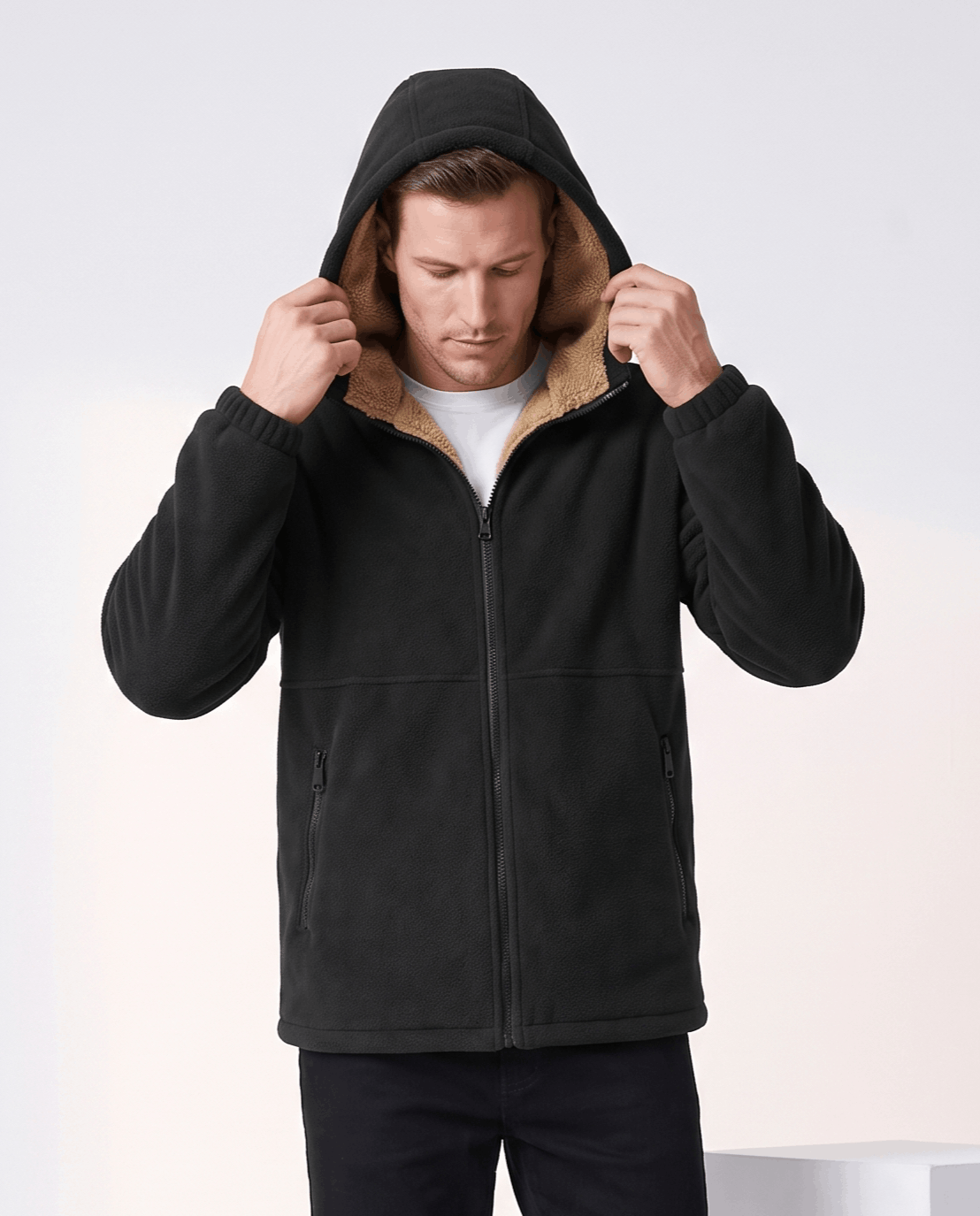 Sherpa-Lined Fleece Zip-Up Hoodie – Slash Pockets, Ribbed Cuffs & Relaxed Fit | Woodland