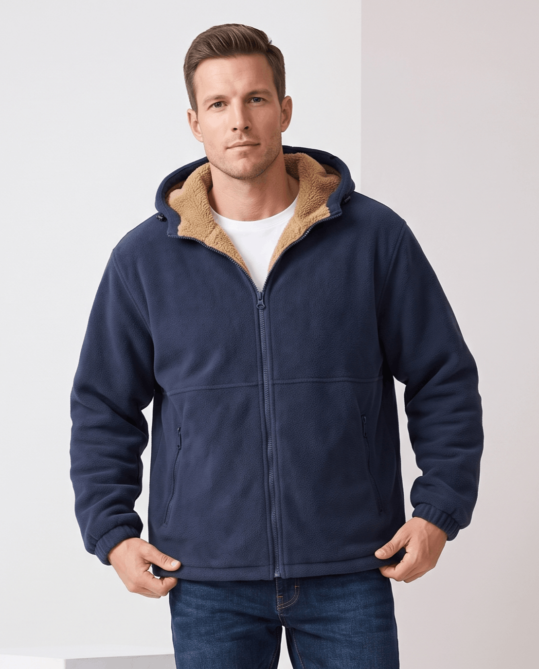 Sherpa-Lined Fleece Zip-Up Hoodie – Slash Pockets, Ribbed Cuffs & Relaxed Fit | Woodland