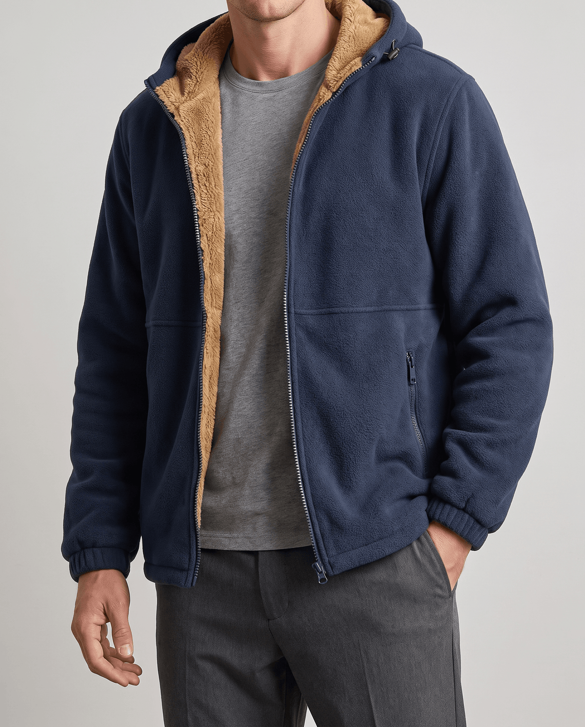 Sherpa-Lined Fleece Zip-Up Hoodie – Slash Pockets, Ribbed Cuffs & Relaxed Fit | Woodland