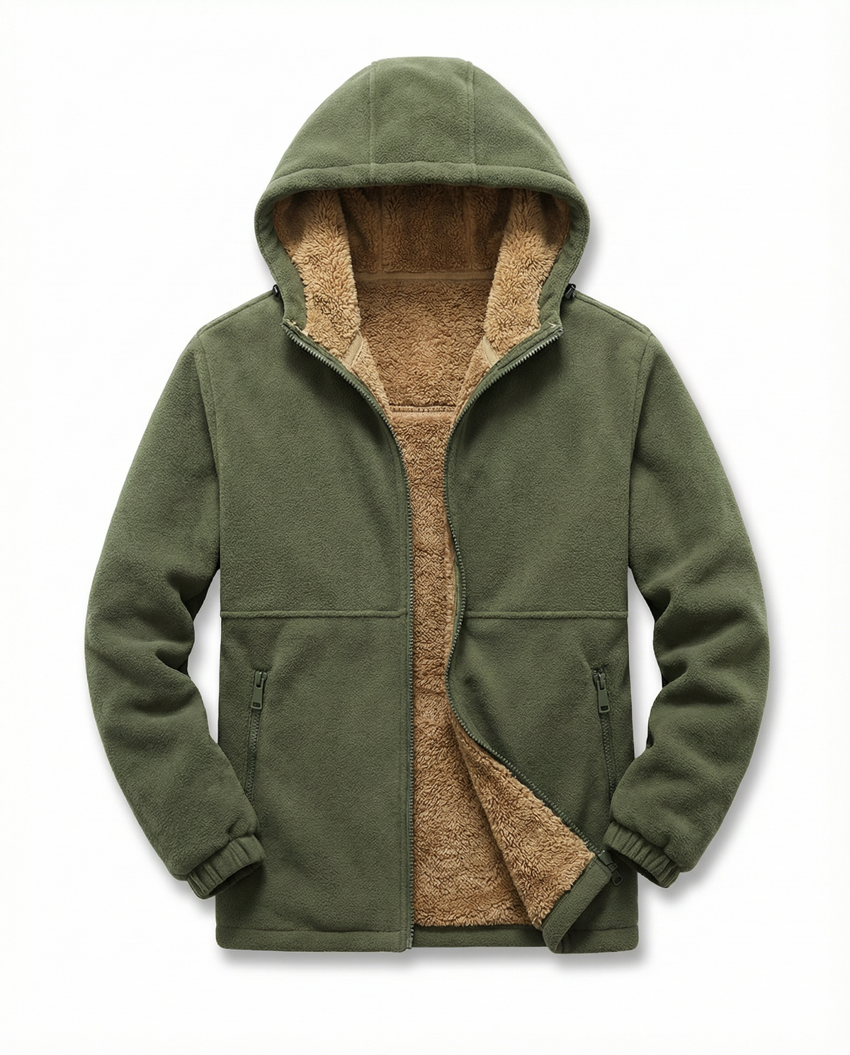 Sherpa-Lined Fleece Zip-Up Hoodie – Slash Pockets, Ribbed Cuffs & Relaxed Fit | Woodland