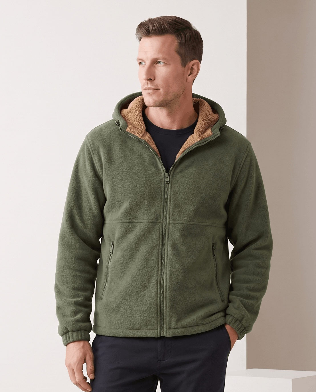 Sherpa-Lined Fleece Zip-Up Hoodie – Slash Pockets, Ribbed Cuffs & Relaxed Fit | Woodland