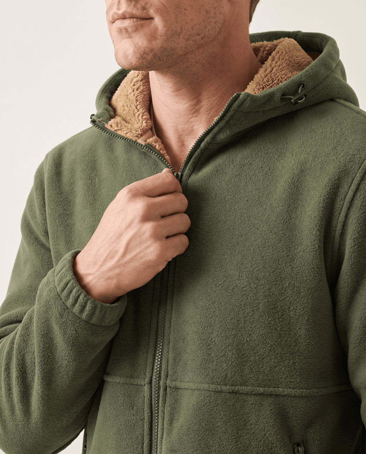 Sherpa-Lined Fleece Zip-Up Hoodie – Slash Pockets, Ribbed Cuffs & Relaxed Fit | Woodland