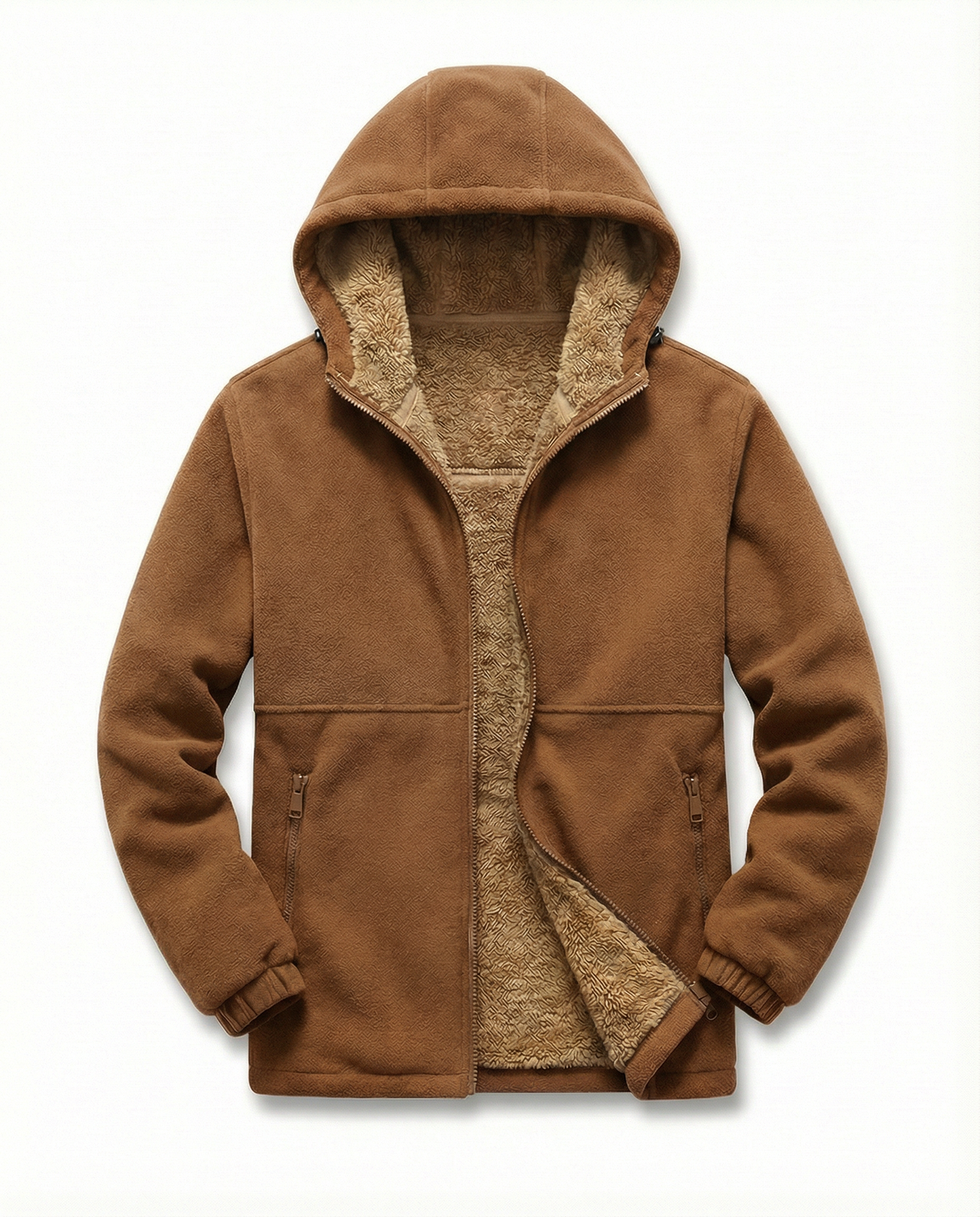Sherpa-Lined Fleece Zip-Up Hoodie – Slash Pockets, Ribbed Cuffs & Relaxed Fit | Woodland