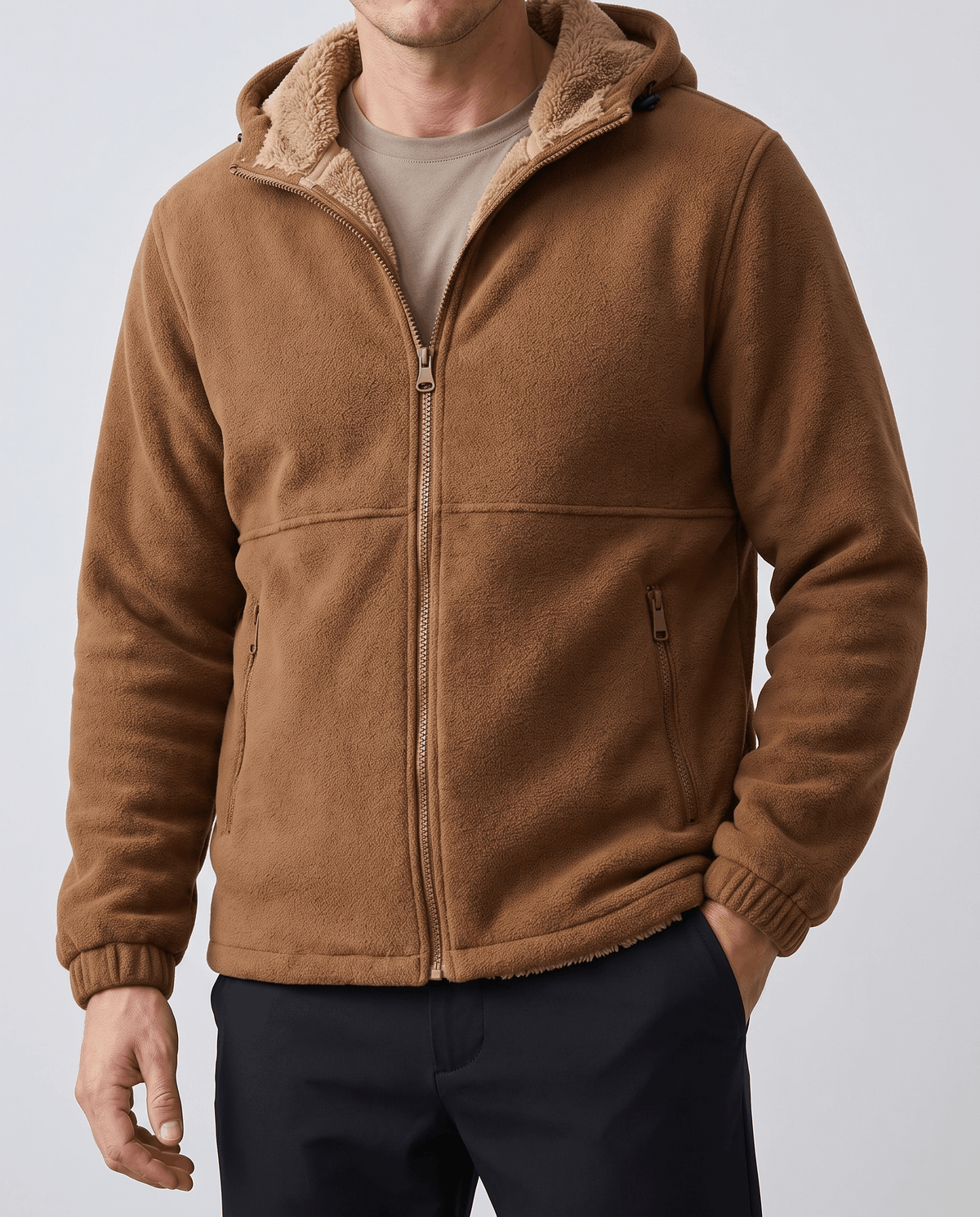 Sherpa-Lined Fleece Zip-Up Hoodie – Slash Pockets, Ribbed Cuffs & Relaxed Fit | Woodland