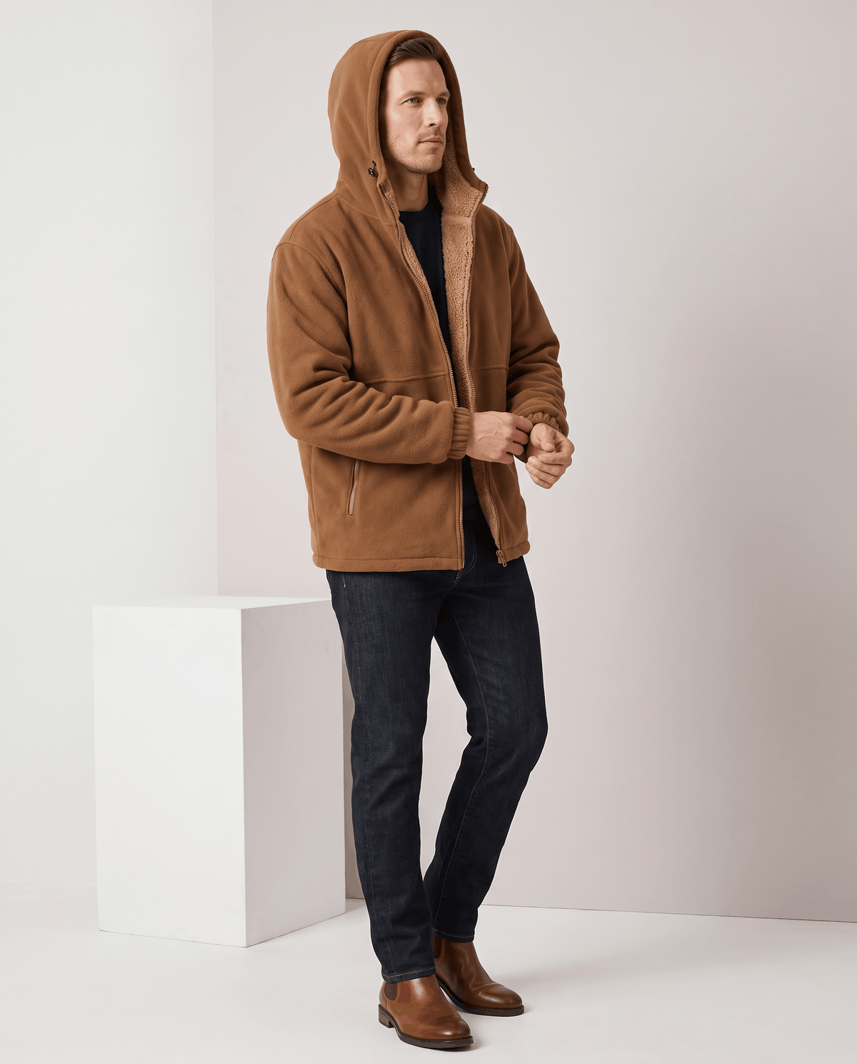 Sherpa-Lined Fleece Zip-Up Hoodie – Slash Pockets, Ribbed Cuffs & Relaxed Fit | Woodland