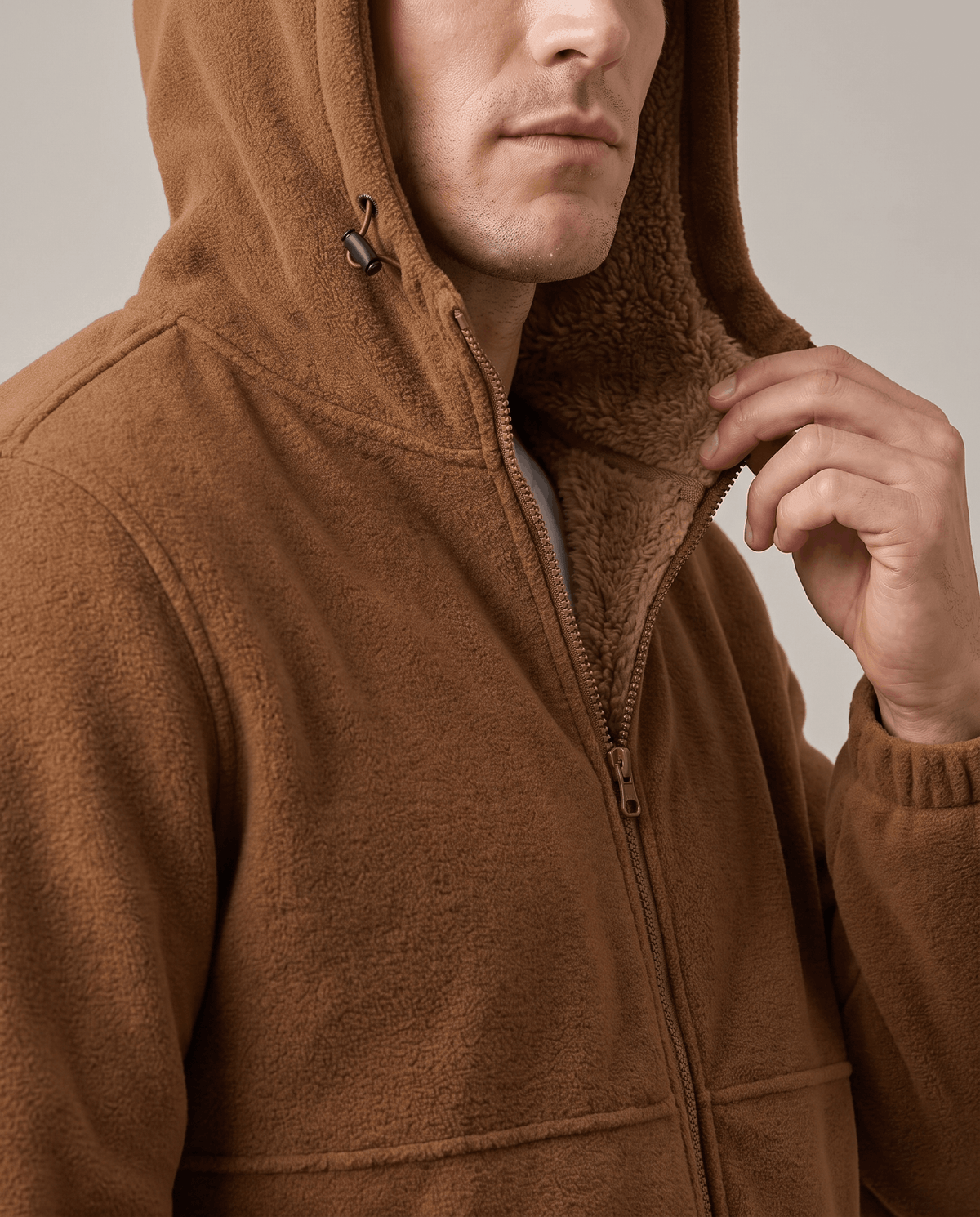 Sherpa-Lined Fleece Zip-Up Hoodie – Slash Pockets, Ribbed Cuffs & Relaxed Fit | Woodland