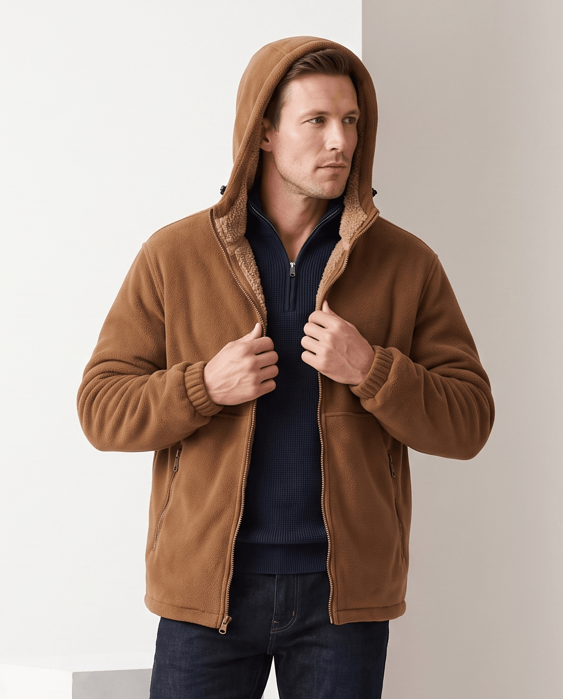 Sherpa-Lined Fleece Zip-Up Hoodie – Slash Pockets, Ribbed Cuffs & Relaxed Fit | Woodland