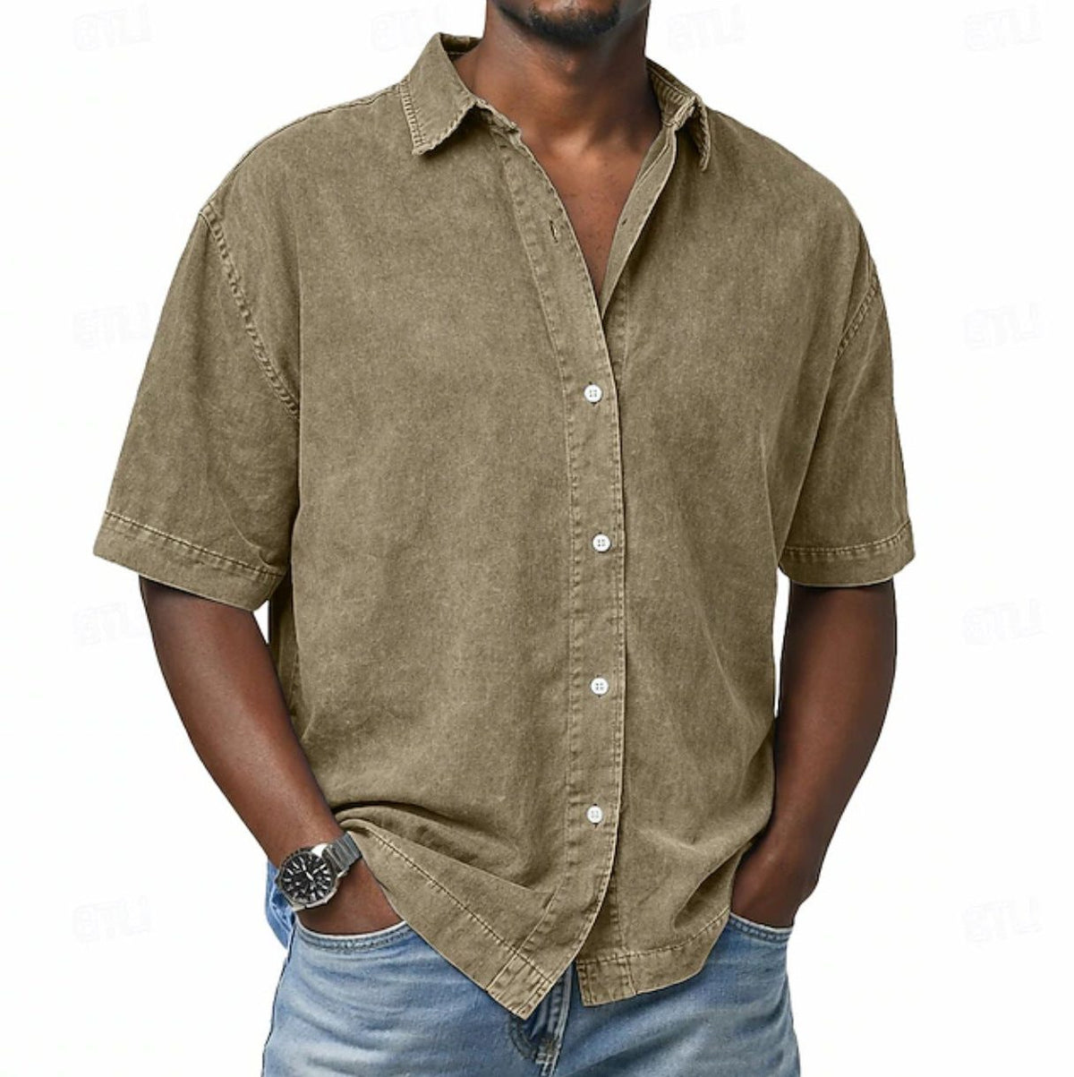 Short Sleeve Button-Down Denim Shirt for Men