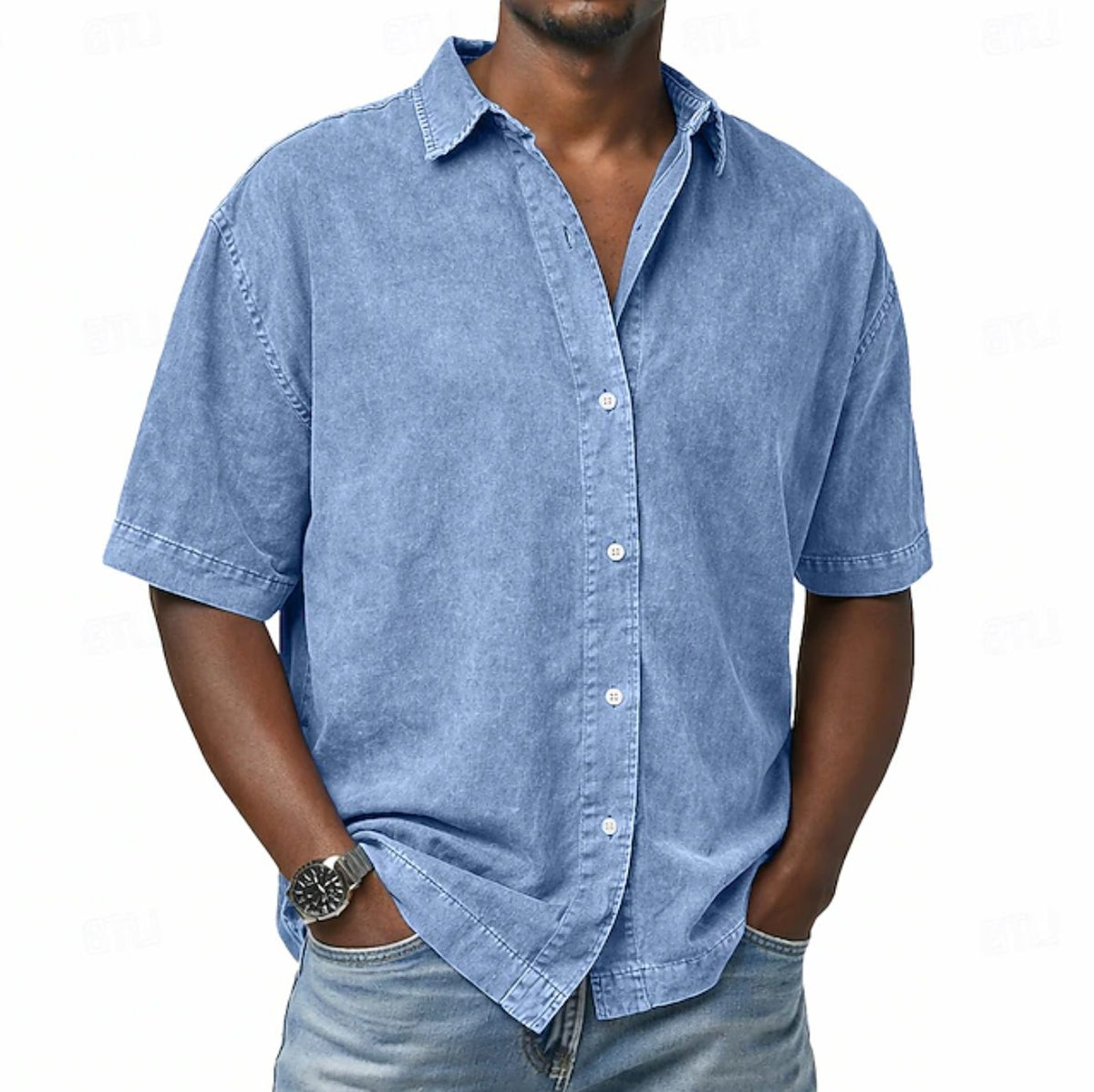 Short Sleeve Button-Down Denim Shirt for Men