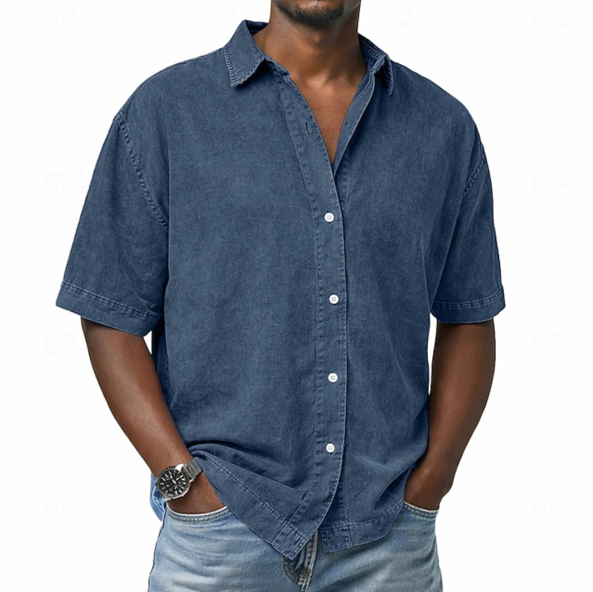 Short Sleeve Button-Down Denim Shirt for Men