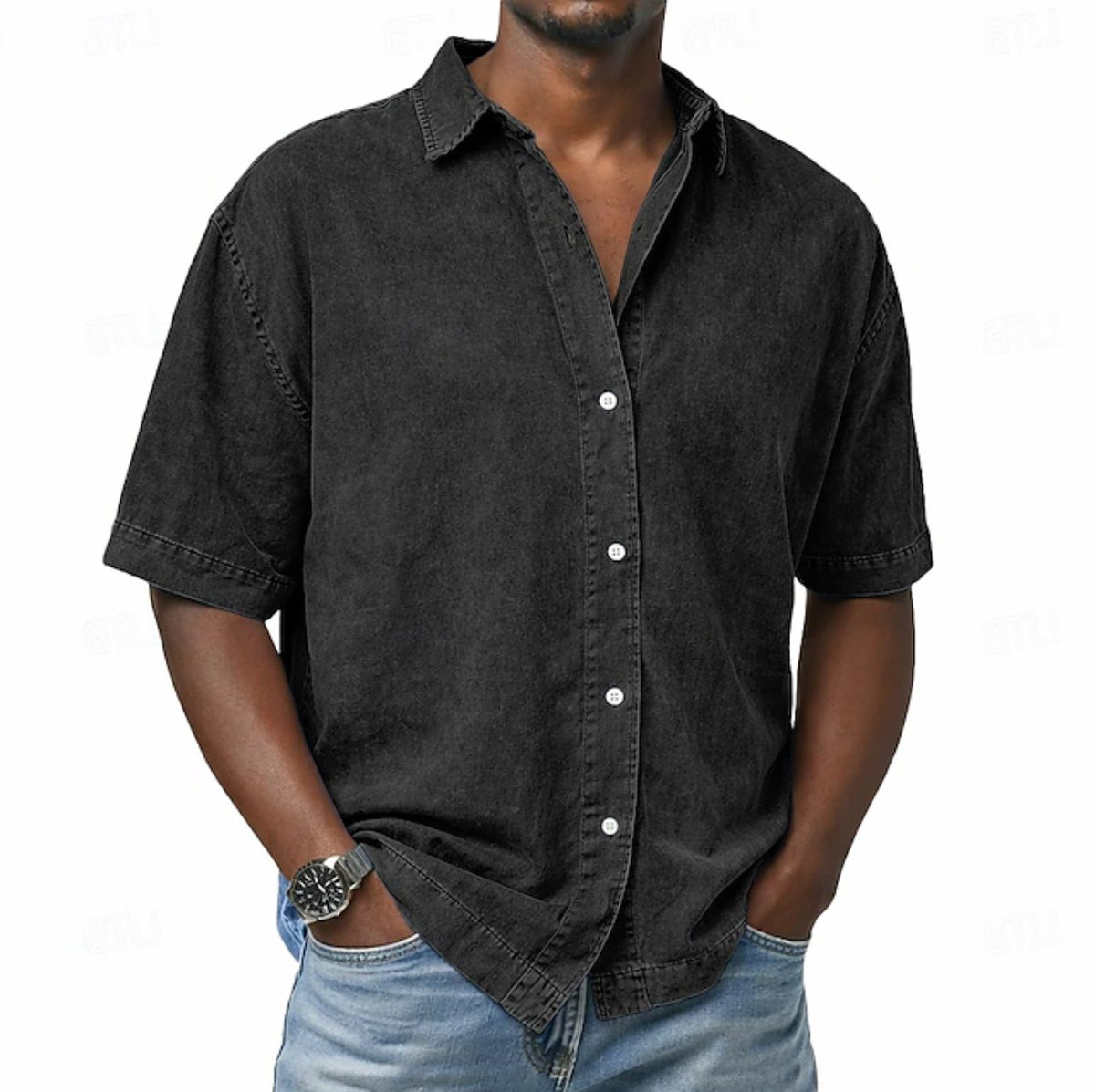 Short Sleeve Button-Down Denim Shirt for Men