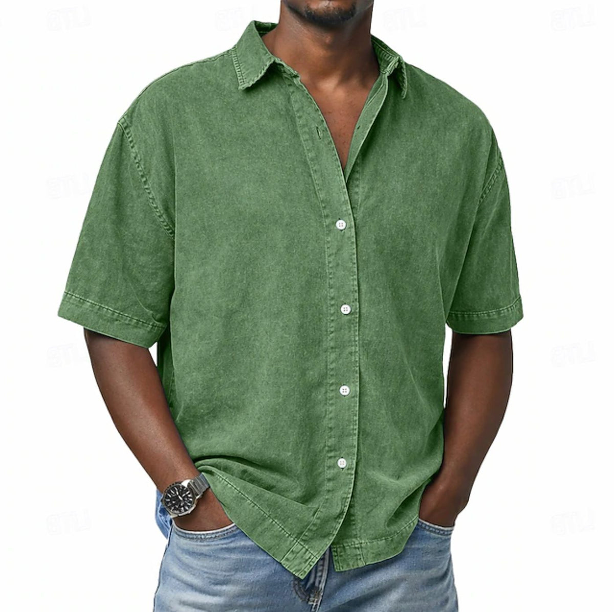 Short Sleeve Button-Down Denim Shirt for Men