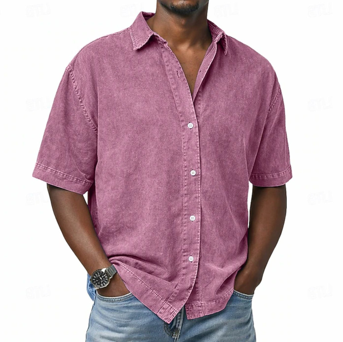 Short Sleeve Button-Down Denim Shirt for Men