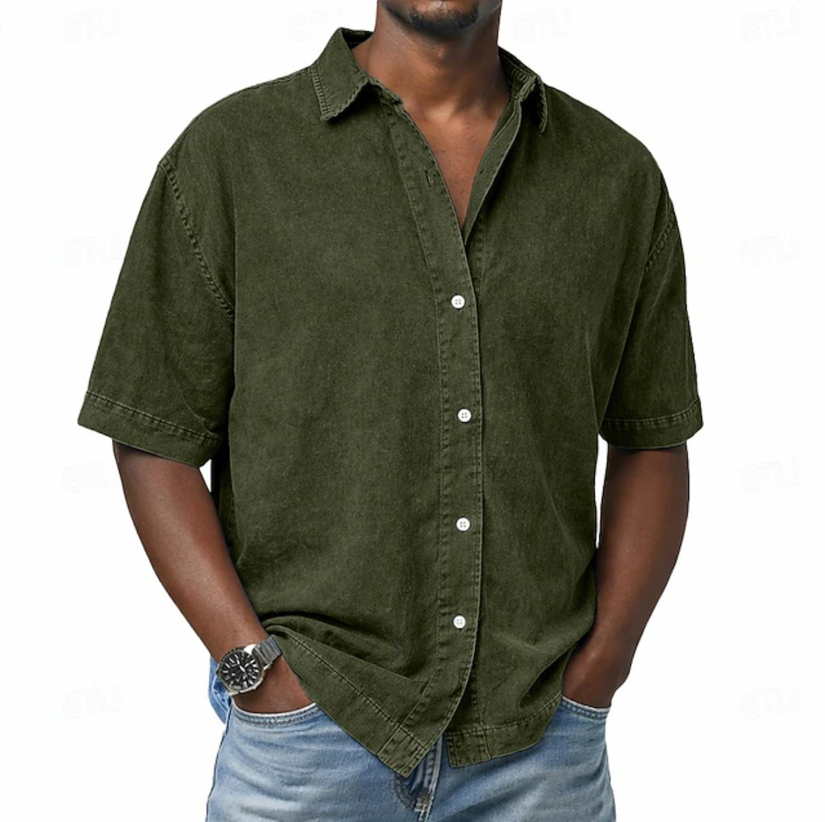 Short Sleeve Button-Down Denim Shirt for Men