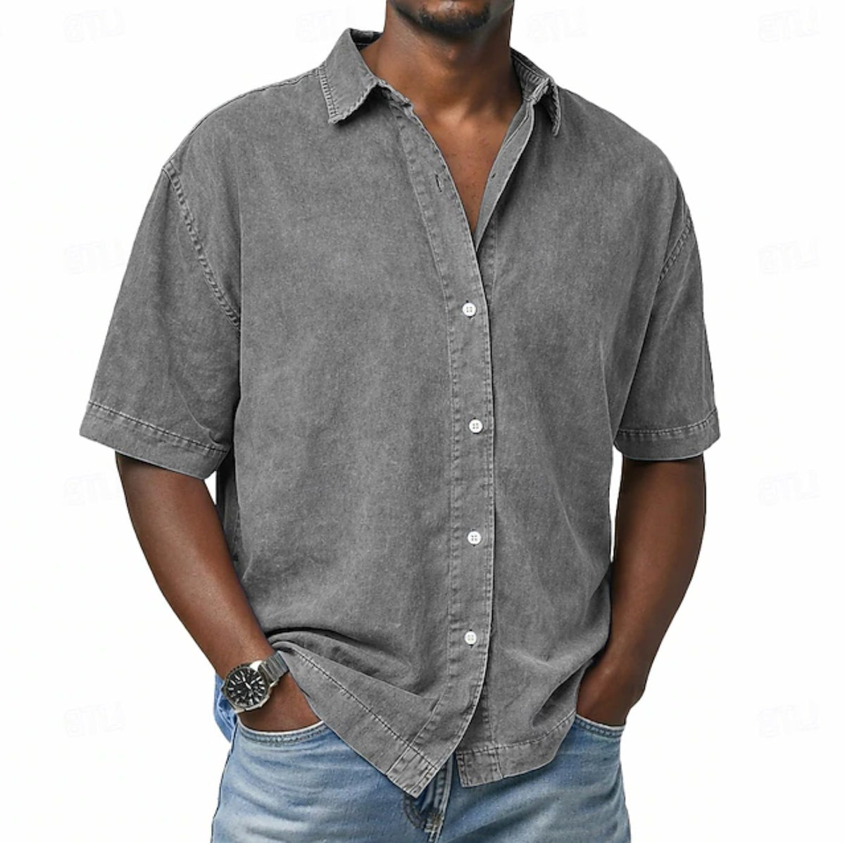 Short Sleeve Button-Down Denim Shirt for Men