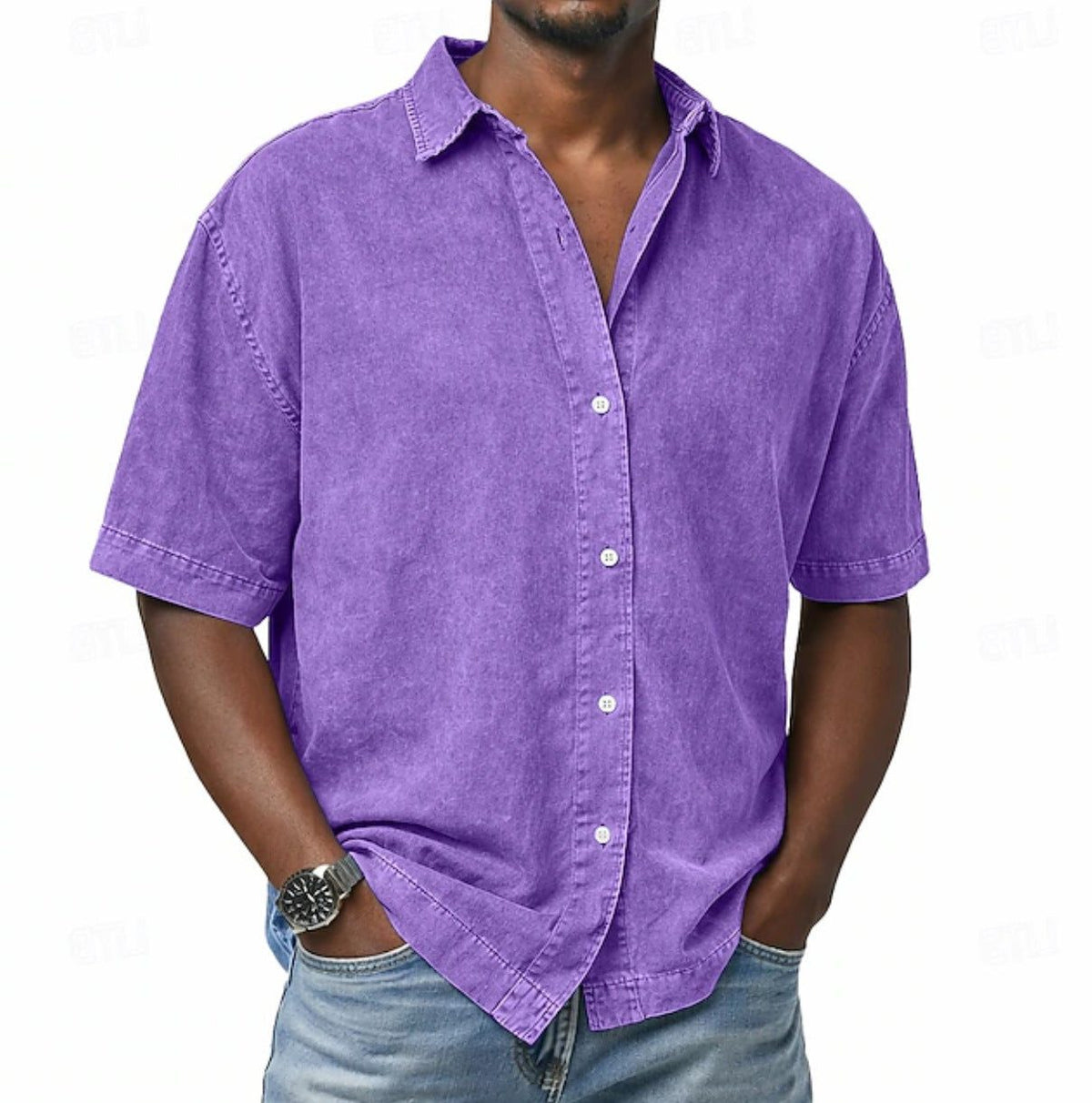 Short Sleeve Button-Down Denim Shirt for Men