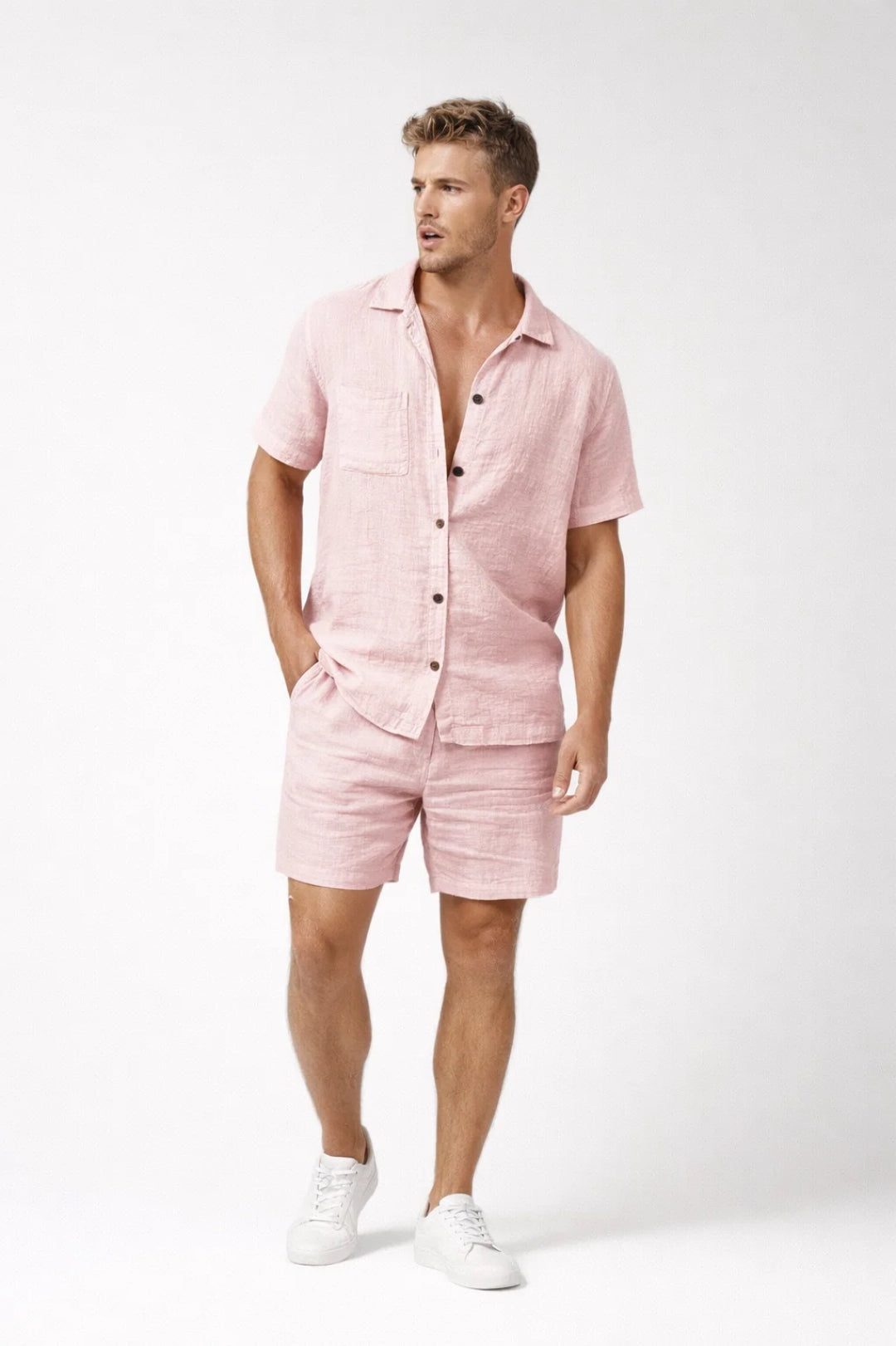 Short Sleeve Linen Button-Down Set for Men