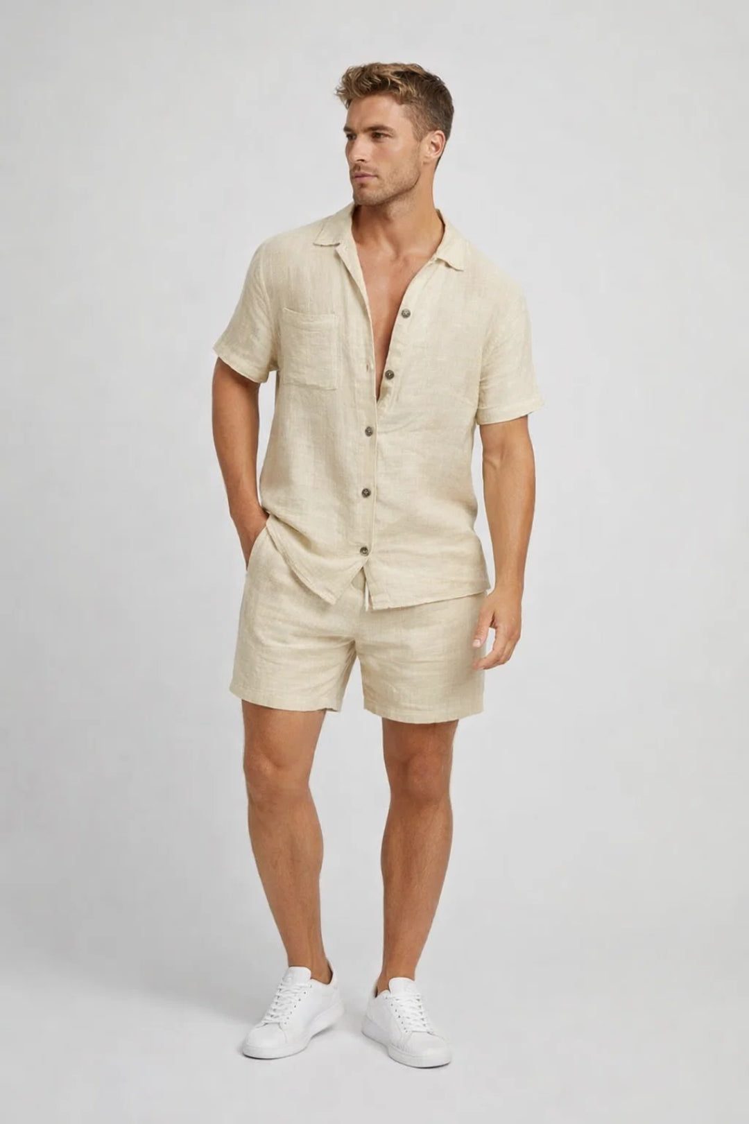 Short Sleeve Linen Button-Down Set for Men