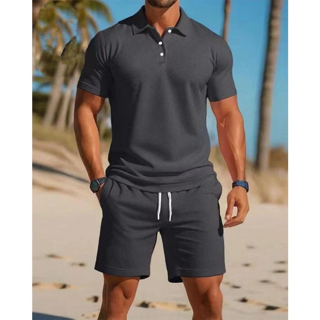 Short Sleeve Polo Drawstring Shorts Set for Men