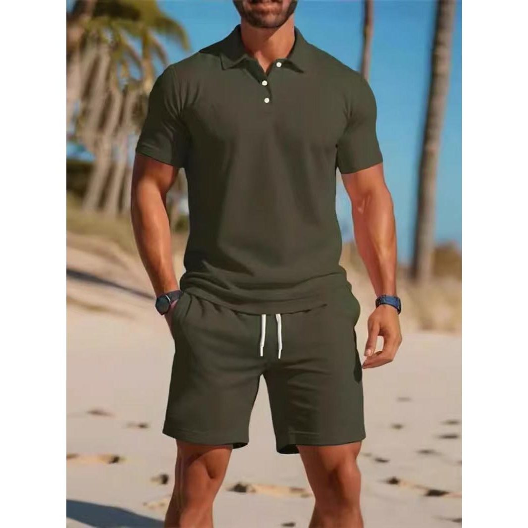 Short Sleeve Polo Drawstring Shorts Set for Men