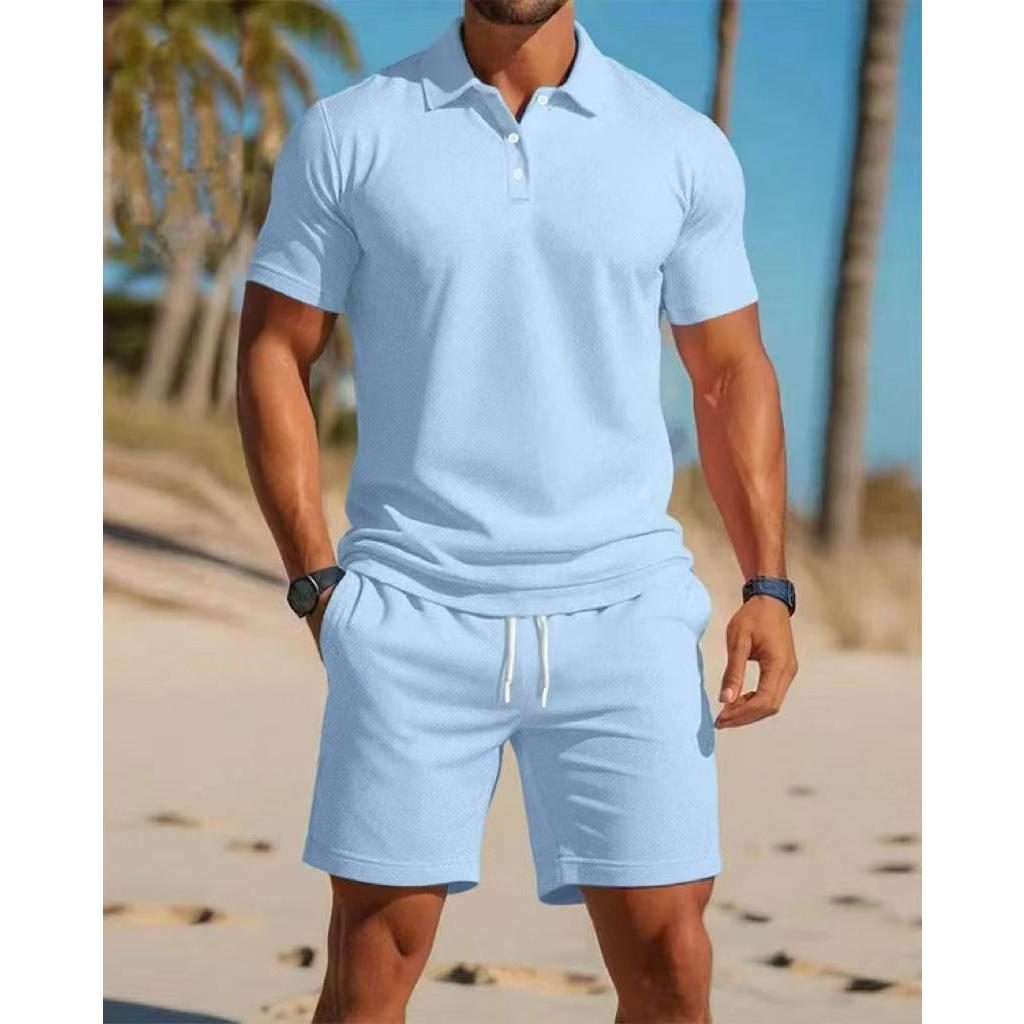Short Sleeve Polo Drawstring Shorts Set for Men