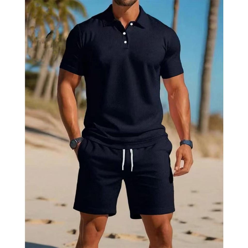 Short Sleeve Polo Drawstring Shorts Set for Men