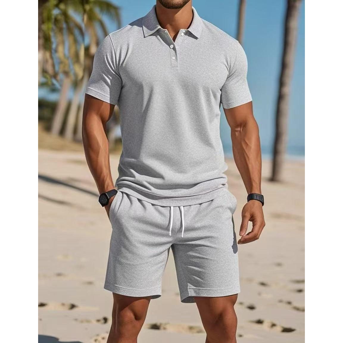 Short Sleeve Polo Drawstring Shorts Set for Men