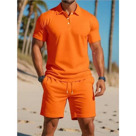 Short Sleeve Polo Drawstring Shorts Set for Men