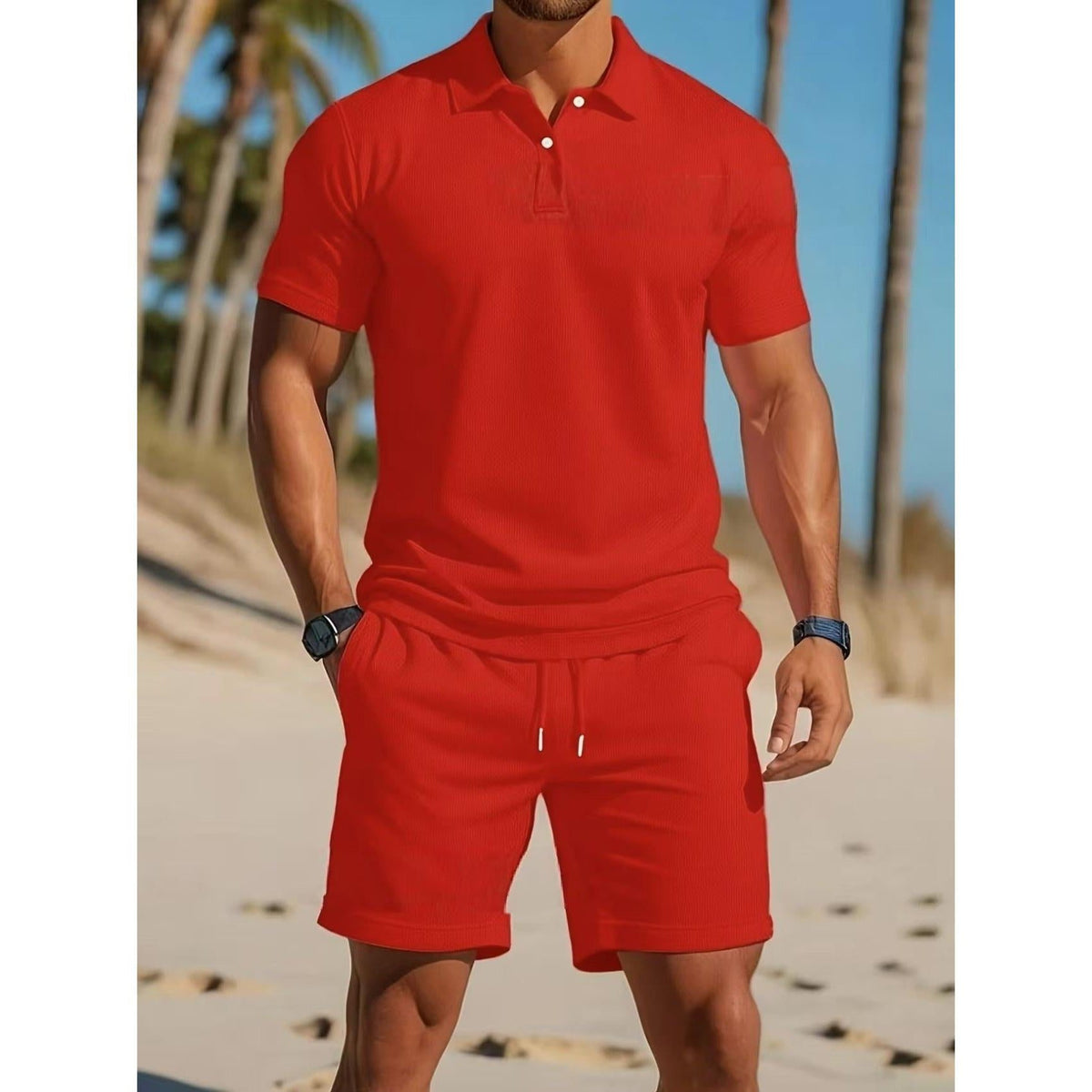 Short Sleeve Polo Drawstring Shorts Set for Men