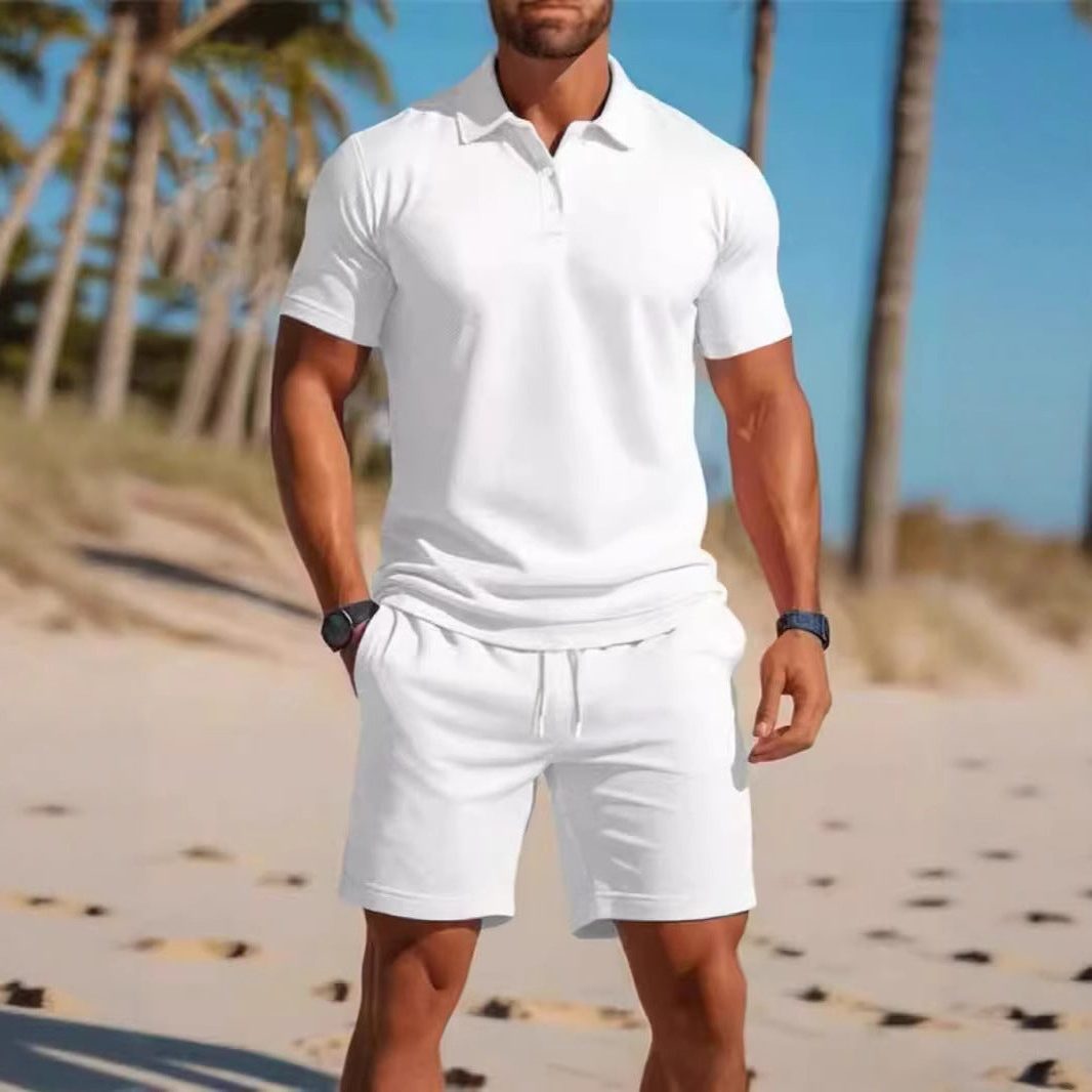 Short Sleeve Polo Drawstring Shorts Set for Men