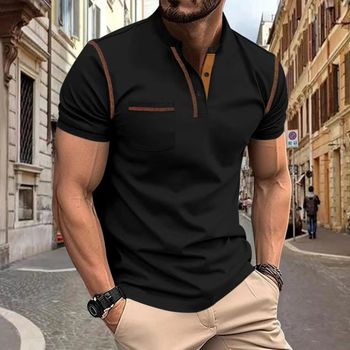 Short Sleeve Polo Shirt with Contrast Stitching for Men