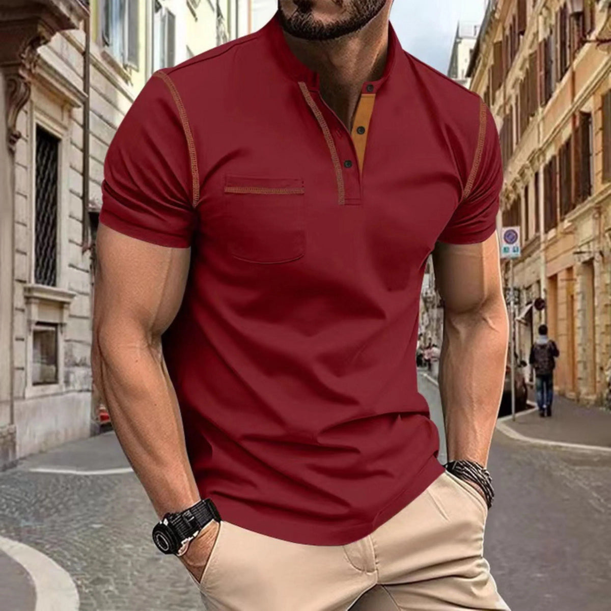 Short Sleeve Polo Shirt with Contrast Stitching for Men