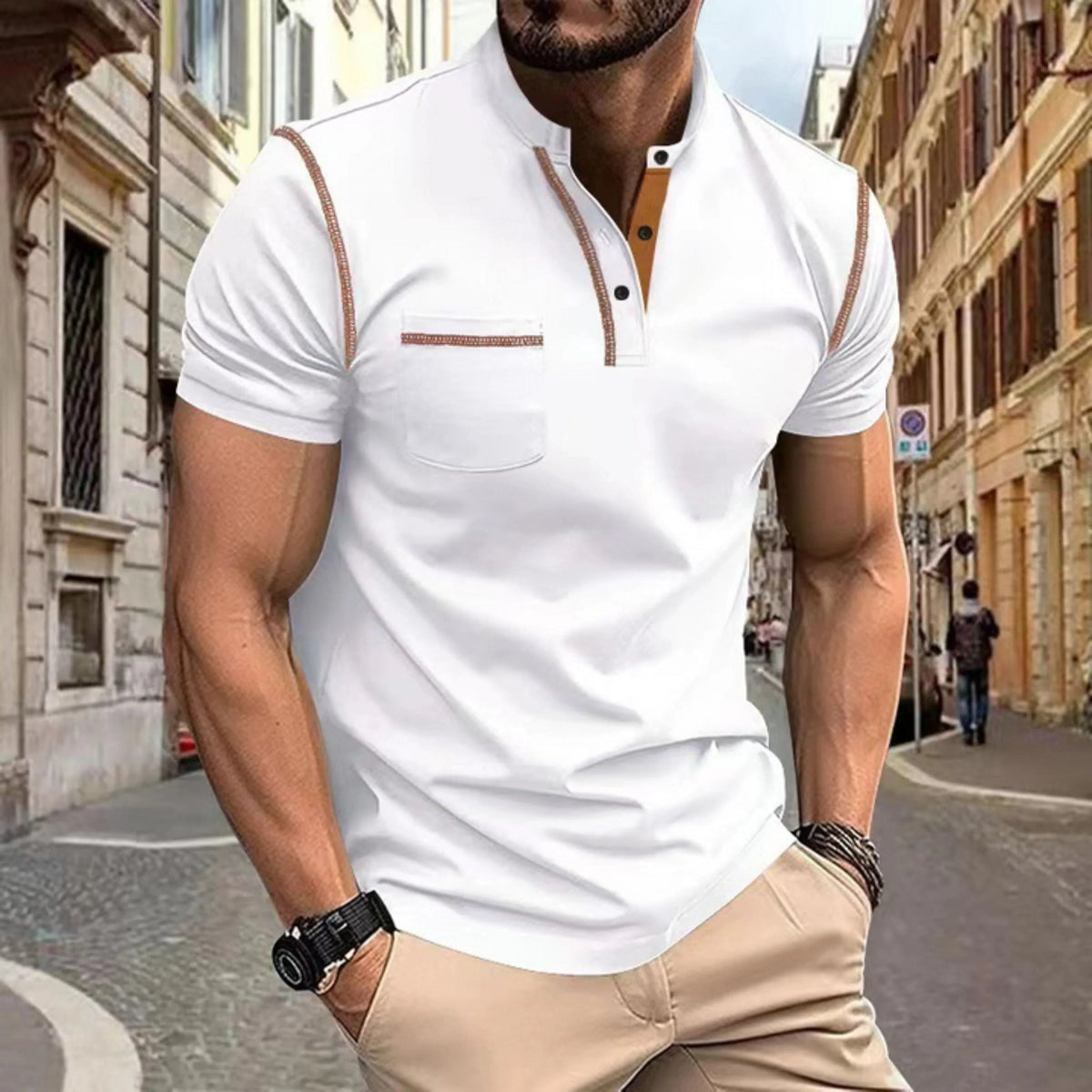 Short Sleeve Polo Shirt with Contrast Stitching for Men