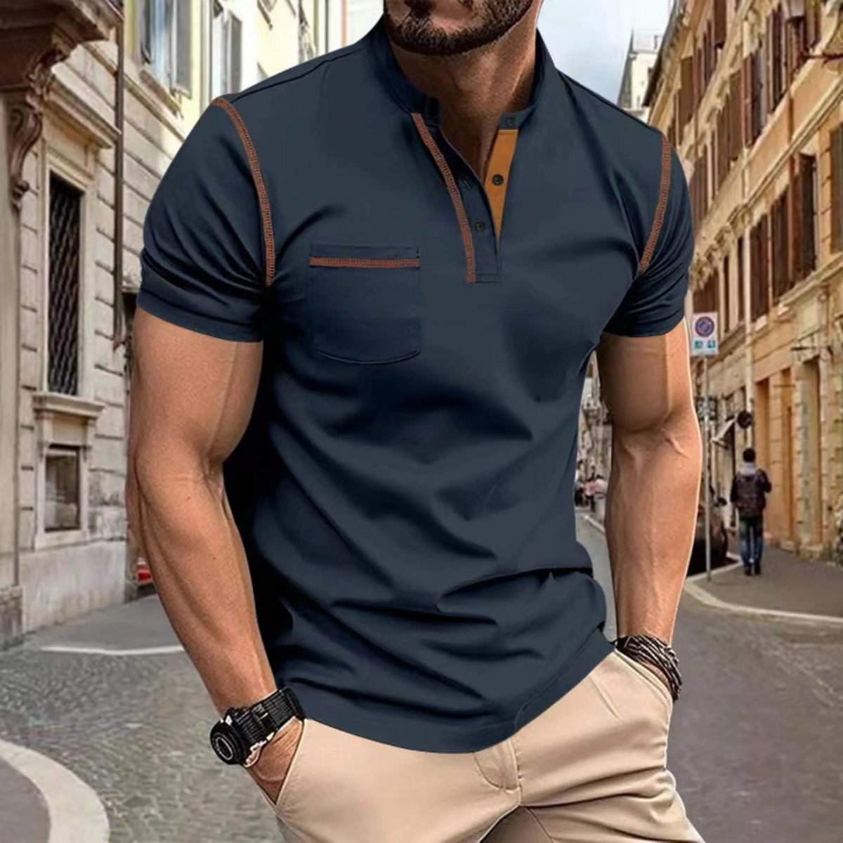 Short Sleeve Polo Shirt with Contrast Stitching for Men