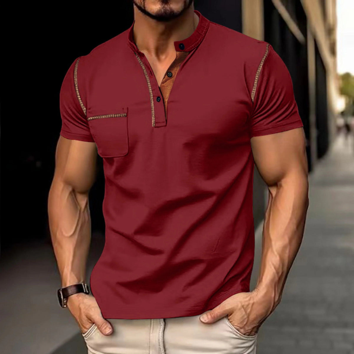 Short Sleeve Polo Shirt with Contrast Stitching for Men