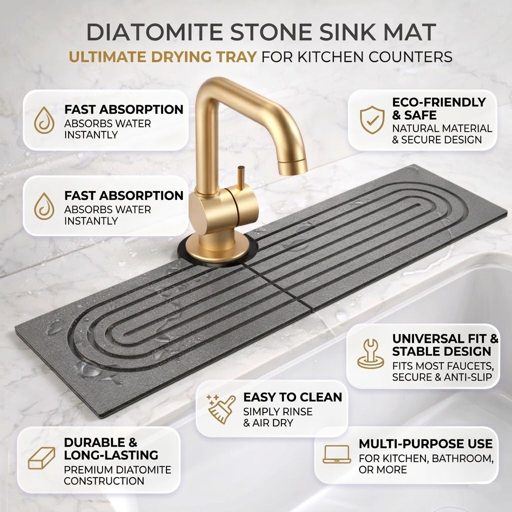 Sink Splash Guard Diatomaceous Earth Faucet Drying Mat with Absorbent Stone Surface