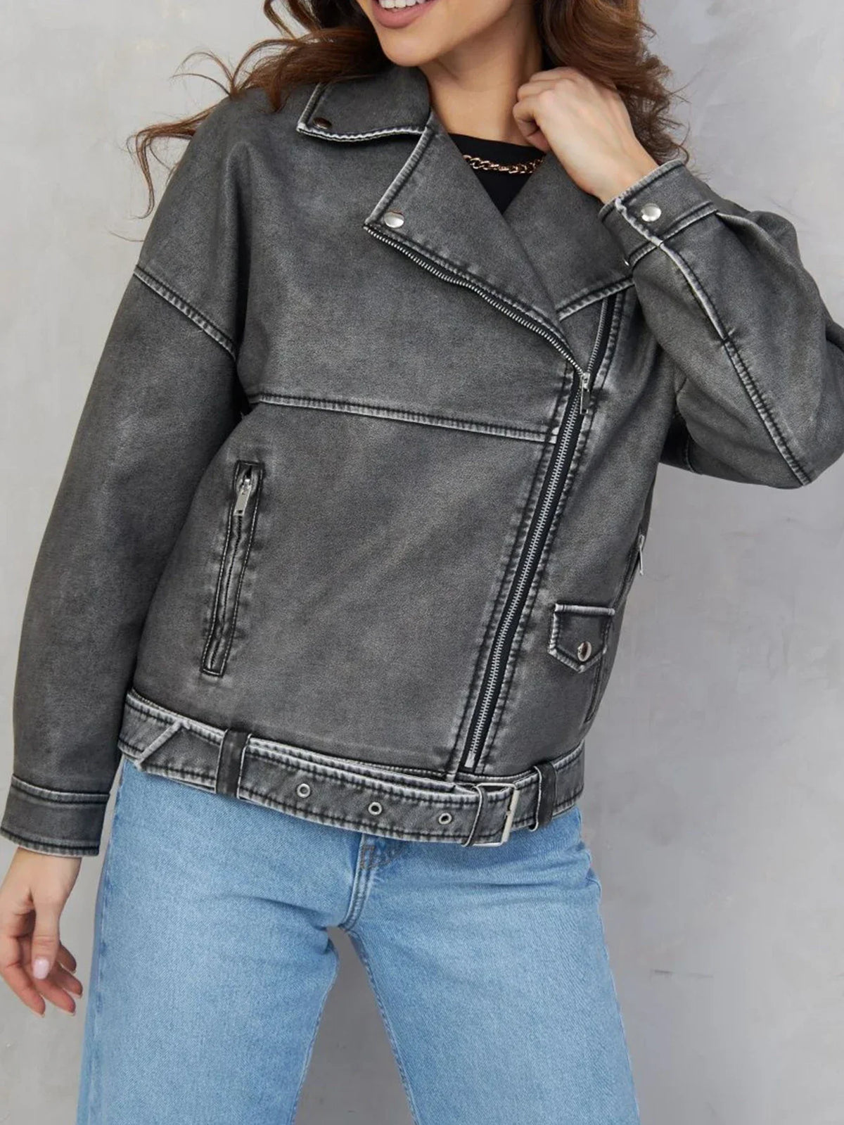 Women’s Distressed Leather-Look Biker Jacket with Asymmetric Zip and Adjustable Belt – Relaxed Vintage Inspired Outerwear for Autumn and Winter