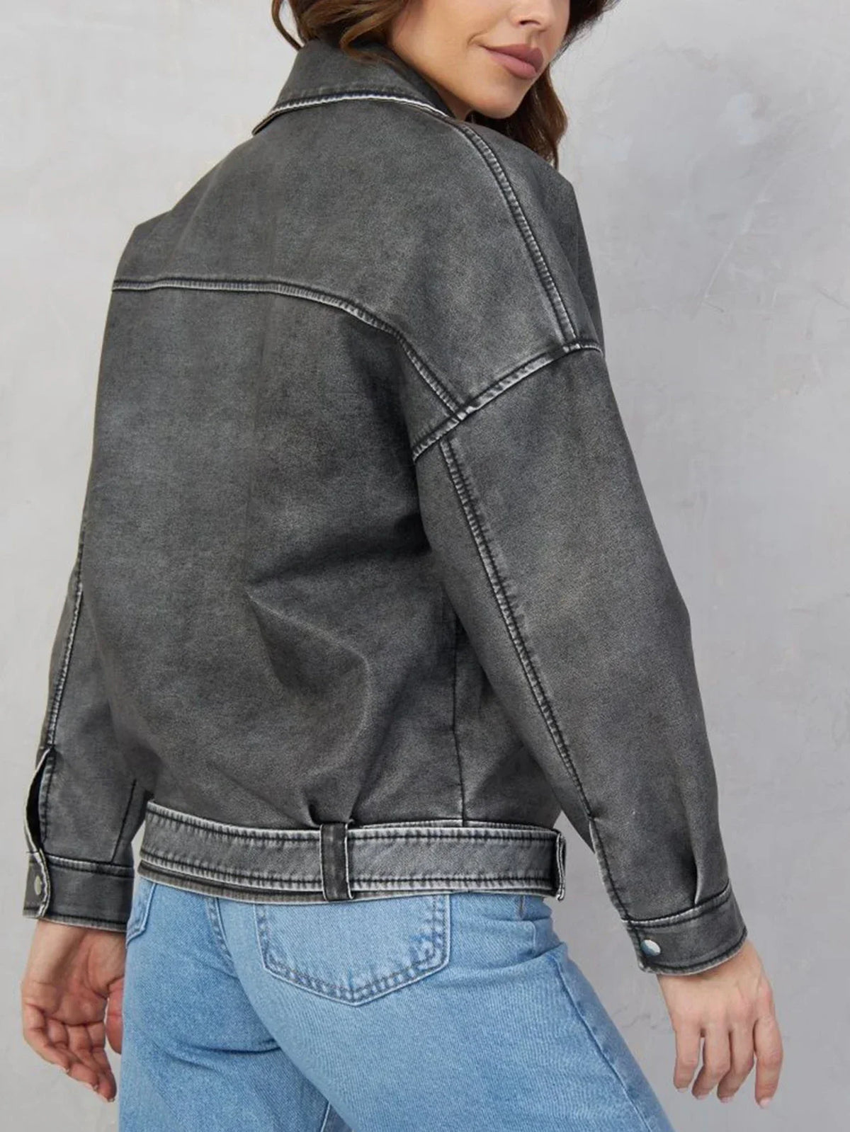 Women’s Distressed Leather-Look Biker Jacket with Asymmetric Zip and Adjustable Belt – Relaxed Vintage Inspired Outerwear for Autumn and Winter