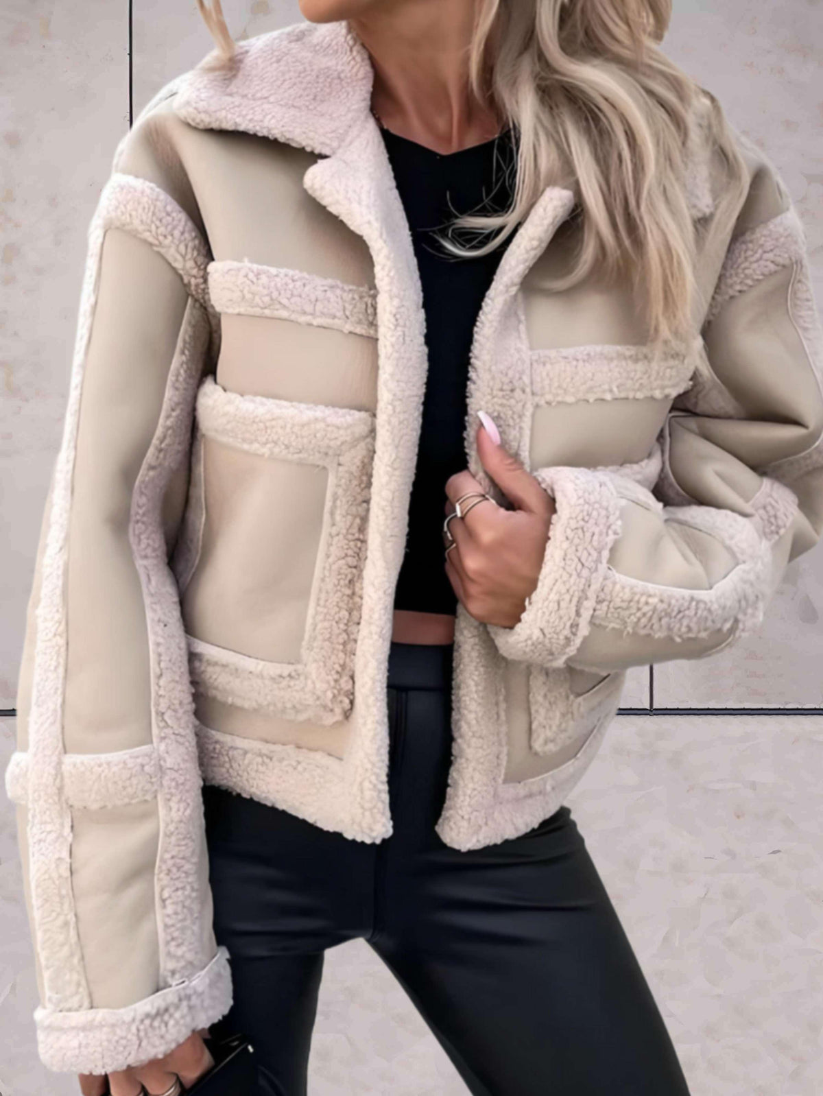 Women's Faux Shearling Aviator Jacket with Notch Collar