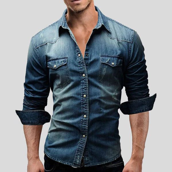 Slim Fit Denim Shirt with Long Sleeves for Men