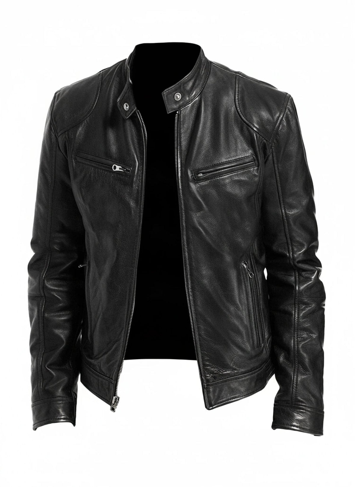 Slim Fit Leather Racer Jacket with Stand Collar for Men